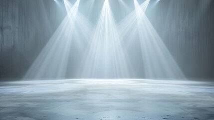 A large empty room with three bright lights shining on it