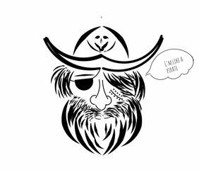 Obraz premium Illustration design of a man with a black and bushy beard wearing a black eye patch wearing a pirate hat.