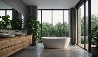 Modern bathroom with large windows and garden view