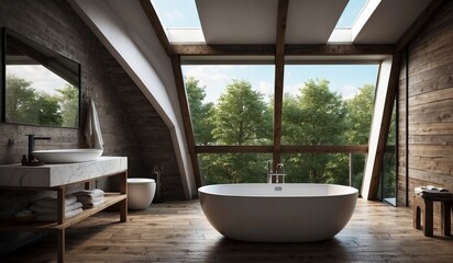 Modern rustic bathroom with large skylight window view