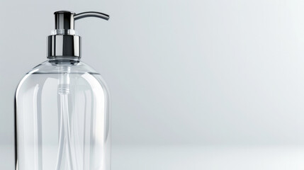 Fototapeta premium A clear glass pump bottle with a silver pump, isolated on a white background.