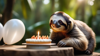 Obraz premium Sloth blows out the candles on a birthday cake. Against the background of a tropical forest and white balloons