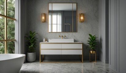 Stylish bathroom vanity with gold accents and plants