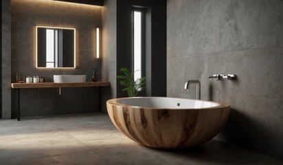 Modern bathroom with wooden bathtub and sleek design