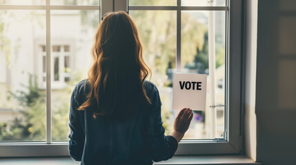 Young woman standing at window holding a "VOTE" sign while looking outside. Civic engagement, political activism, voting awareness, democratic participation, election campaign.