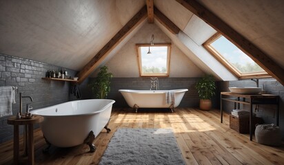 Charming attic bathroom with clawfoot tubs and skylights