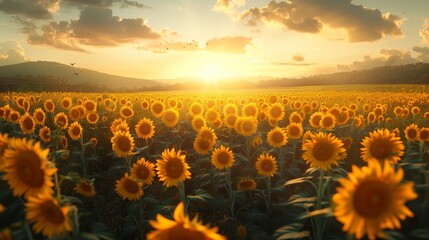 Obraz premium A Field of Sunflowers at Sunset in a Rural Landscape