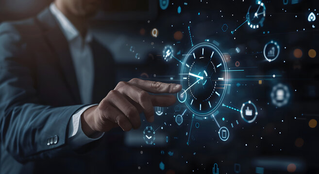 Time management concept. Businessmen holding virtual time management icons for business-to-work planning for increased efficiency and reduced work time. Business project planning design