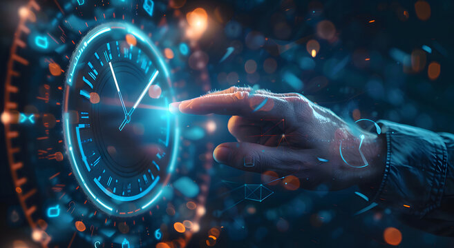 Time management concept. Businessmen holding virtual time management icons for business-to-work planning for increased efficiency and reduced work time. Business project planning design