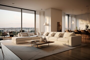Fototapeta premium Spacious, contemporary living room with elegant decor and panoramic cityscape view at dusk