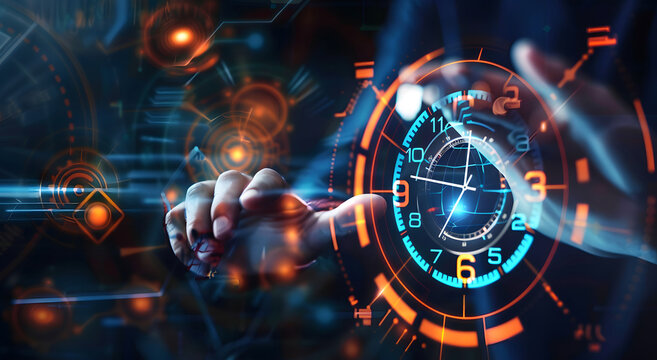 Time management concept. Businessmen holding virtual time management icons for business-to-work planning for increased efficiency and reduced work time. Business project planning design