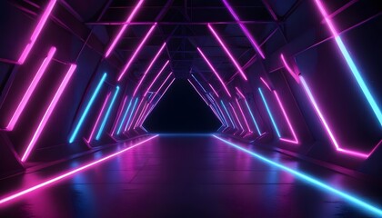 Fototapeta premium Pink and blue neon lights abstract background with triangles and street tunnel theme