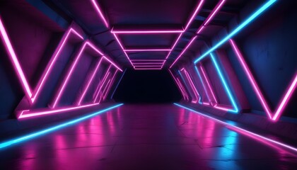 Pink and blue neon lights abstract background with triangles and street tunnel theme