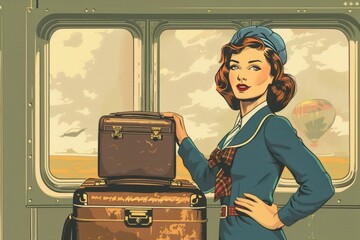 a vintage style comic strip about the adventures of a globe-trotting flight attendant