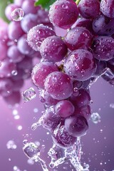 Dew-kissed purple grapes, vibrant and fresh, captured mid-splash, reflecting light and surrounded by sparkling water droplets.