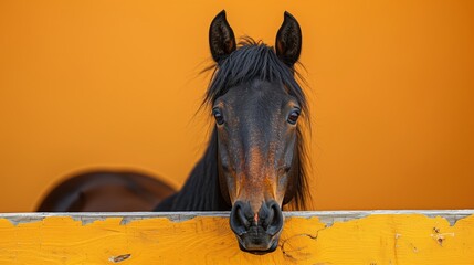 Black Horse Peeking Over a Yellow Fence