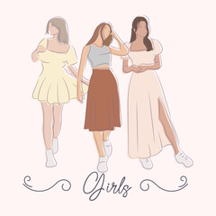 illustration of young women in feminine fashion with modern casual style and summer outfits