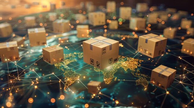 Futuristic global cargo and delivery concept with cardboard boxes flying around over globe, Logistics.