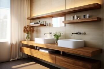 Contemporary bathroom interior featuring elegant wooden shelves and chic white basins