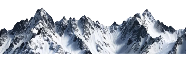The horizontal landscape of white tall majestic mountain peaks ranges cut out, isolated, transparent background - PNG.