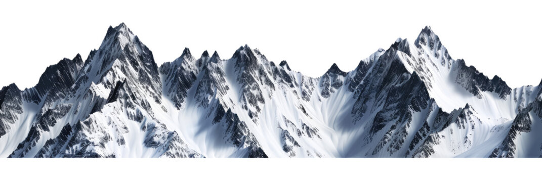 The horizontal landscape of white tall majestic mountain peaks ranges cut out, isolated, transparent background - PNG.