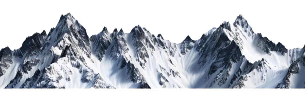 The horizontal landscape of white tall majestic mountain peaks ranges cut out, isolated, transparent background - PNG.
