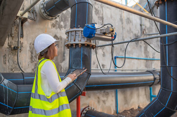 Environmental engineers work at wastewater treatment plants,Water supply engineering working at Water recycling plant for reuse,Check the amount of chlorine in the water to be within the criteria.