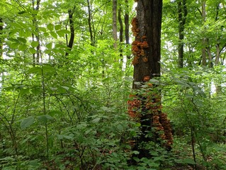 A lone tree among green bushes and trees in the forest, the trunk of which has been seized by poisonous wood mushrooms. Bright orange mushrooms on a tree trunk. A large group of poisonous mushrooms on