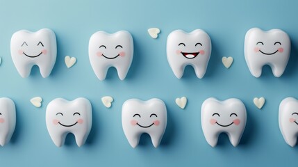Obraz premium Cute white tooth characters with expressive faces smile broadly on a blue backdrop.
