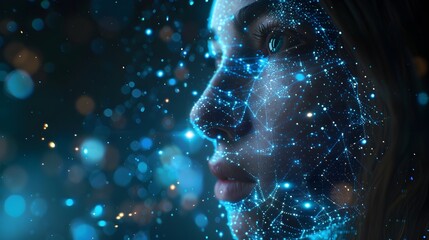 Fototapeta premium Ethereal Digital Fusion of Woman s Face with Cosmic Energy and Futuristic Technology