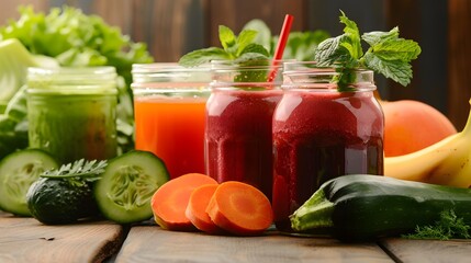 Fresh and Healthy Vegetable and Fruit Juices in Glasses with Green Leafy Garnishes