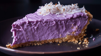 Ube coconut cheesecake close up on black background with creamy texture professional food photography


