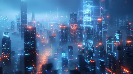 Futuristic Night Cityscape with Illuminated Skyscrapers and Reflections