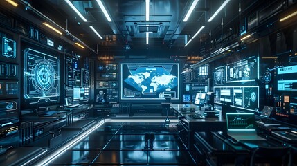 Futuristic Technology Control Center with Digital Interfaces and Data Visualization