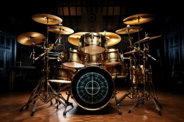 Fototapeta premium Professional drum kit with golden details shines under stage lights, ready for a performance