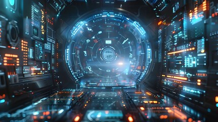 Obraz premium Futuristic Sci Fi Digital Tunnel with Glowing Neon Lights and Data Visualization