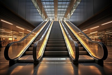 Symmetrical view of an empty escalator with illuminated handrails in a sleek, modern building
