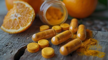 Turmeric orange spice root powder capsules on wooden surface