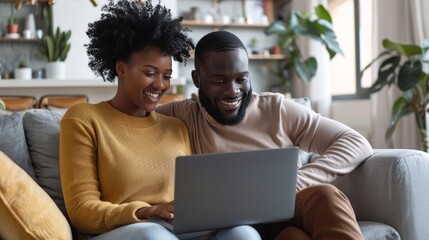 Financial advisor on laptop screen guiding couple in cozy living room