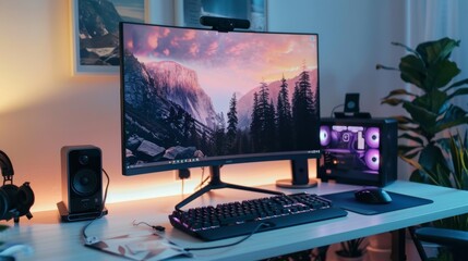 Naklejka premium Modern desktop setup with monitor, keyboard, and mouse on clean white table