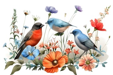Three colorful birds perched on vibrant wildflowers, showcasing nature's beauty and vivid palette.
