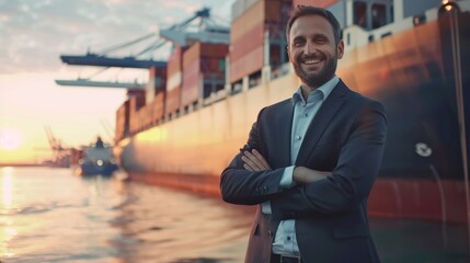 Happy businessman management of international shipping logistics operations, emphasizing technology and global reach.