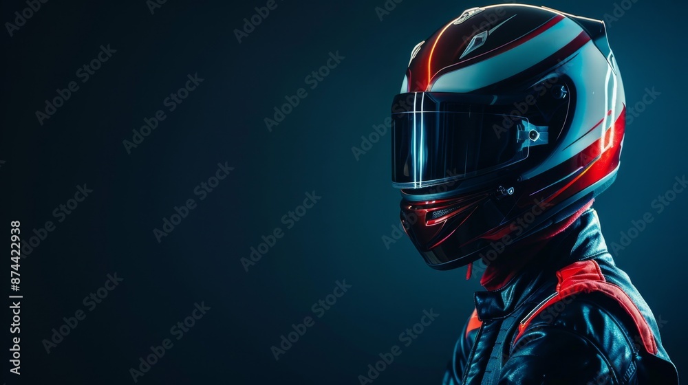 Wall mural professional male racer in racing suit and helmet, isolated on black background