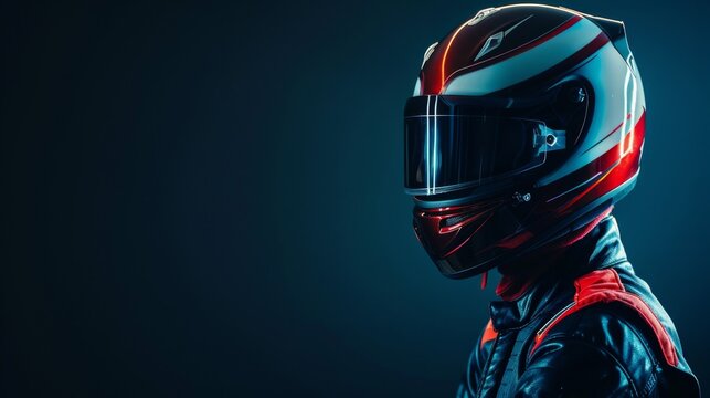 Professional male racer in racing suit and helmet, isolated on black background