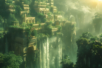 The Hanging Gardens of Babylon, one of the Seven Wonders of the Ancient World, depicted in a majestic and detailed landscape. This historic scene showcases the lush greenery and architectural marvel o