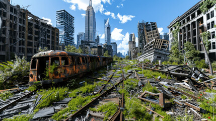 Naklejka premium Streets of abandoned destroyed city get covered with vegetation - nature has finally gotten rid of humans and now can heal itself