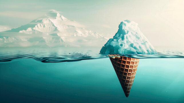 Half iceberg, half ice cream floats in ocean, underwater part is waffle cone