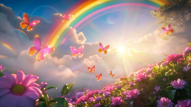 Colorful butterflies in idyllic kitsch heavenly landscape with rainbows