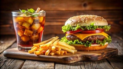 Classic Fast Food Meal with Burger Fries and a Drink on a Blurry Screen background