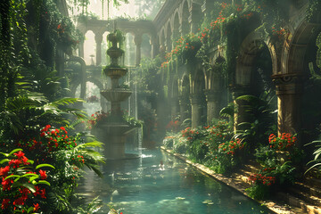 The Hanging Gardens of Babylon, one of the Seven Wonders of the Ancient World, depicted in a majestic and detailed landscape. This historic scene showcases the lush greenery and architectural marvel o